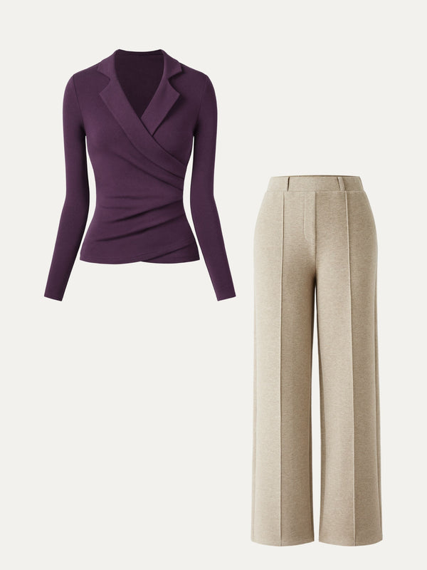 OGLmove 2Pcs Set Collared Surplice Top & High Waisted Straight Leg Pull On Pant