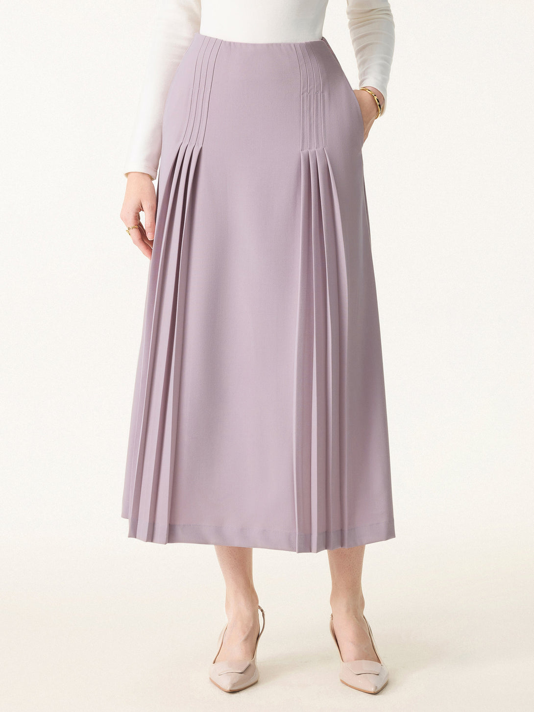 Wrinkle-Resistant A-line Pleated Midi Skirt with Pockets