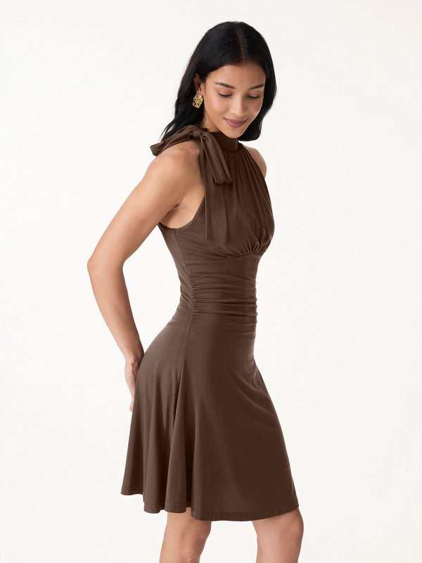 OGLmove Milky Matte Mockneck Bow Tie Ruched Mini Bra Dress Chocolate Brown XS