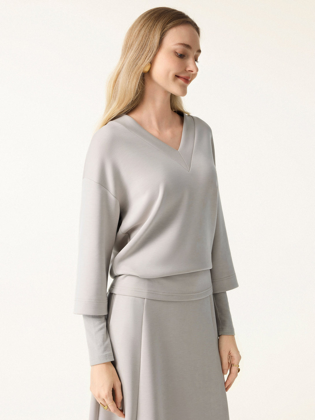 V-neck Hip Length Top with Sleeve Warmers