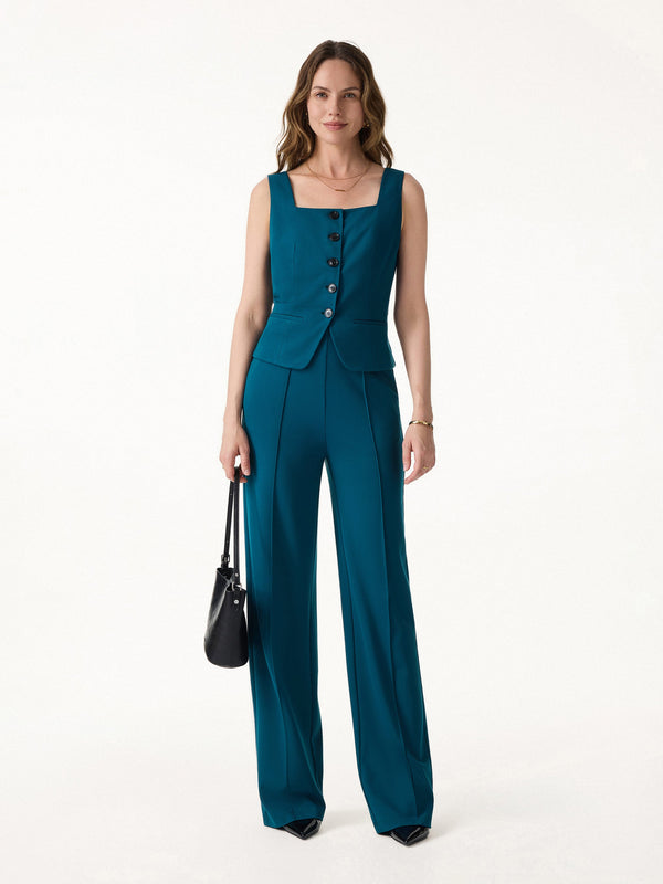 OGLmove 2Pcs Set Square Neck Waistcoat with Pockets & Wide Leg Ankled Pants Dark Marine XS