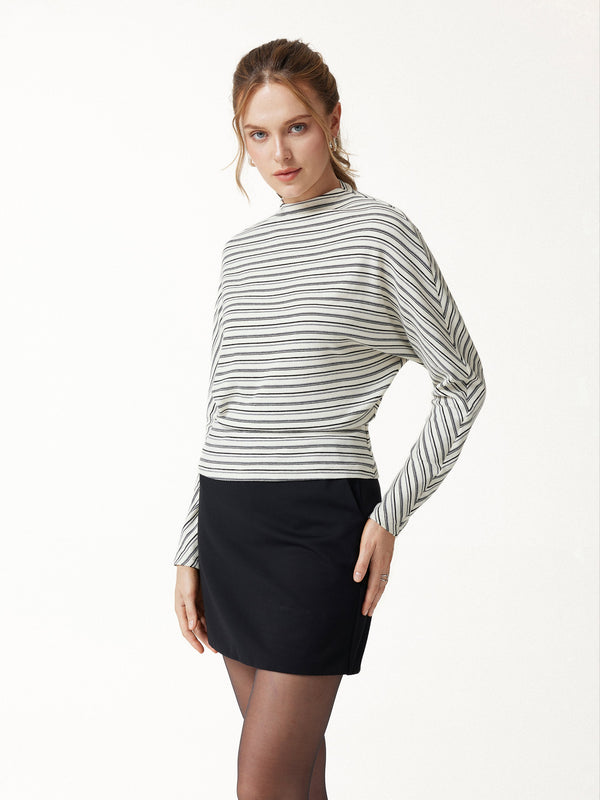 OGLmove Stripe Mock Neck Batwing Sleeve Top White/Grey/Black Stripe XXS