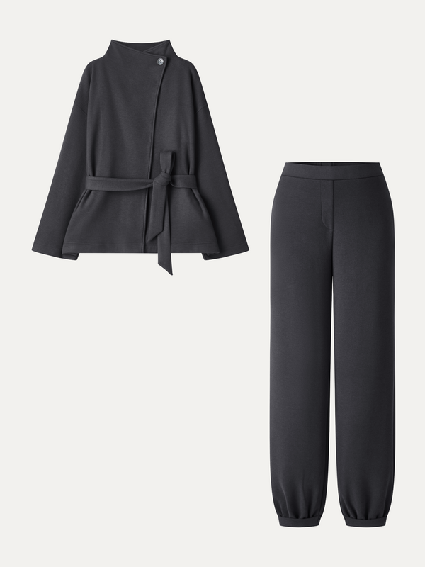OGLmove 2Pcs Set Waterfall Lapel Belted Jacket with Pockets & Mid-Rise Balloon Pants with Pockets