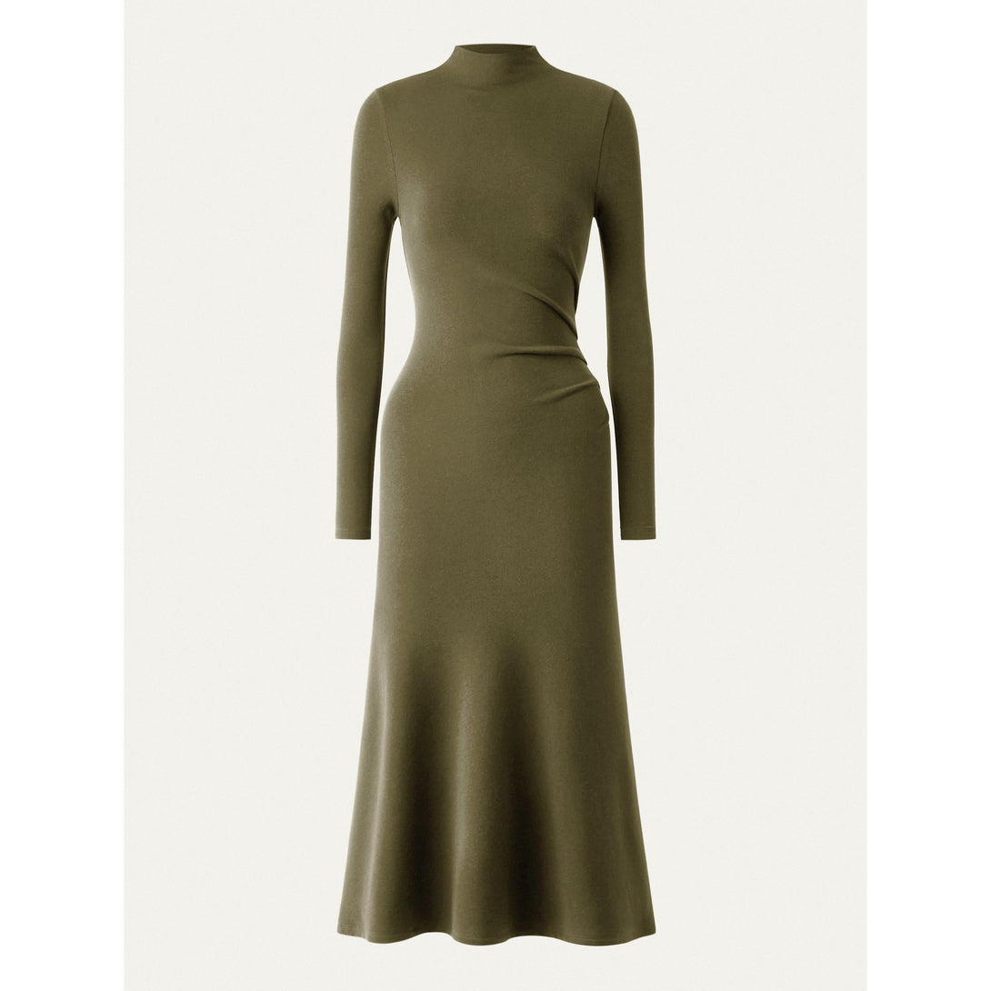 Heat-Tech Long Sleeves Mockneck Tucks Midi Dress Regular Fresh Olive