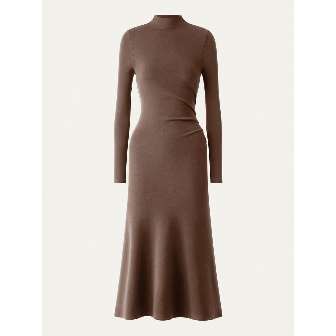 Heat-Tech Long Sleeves Mockneck Tucks Midi Dress Regular Mocha