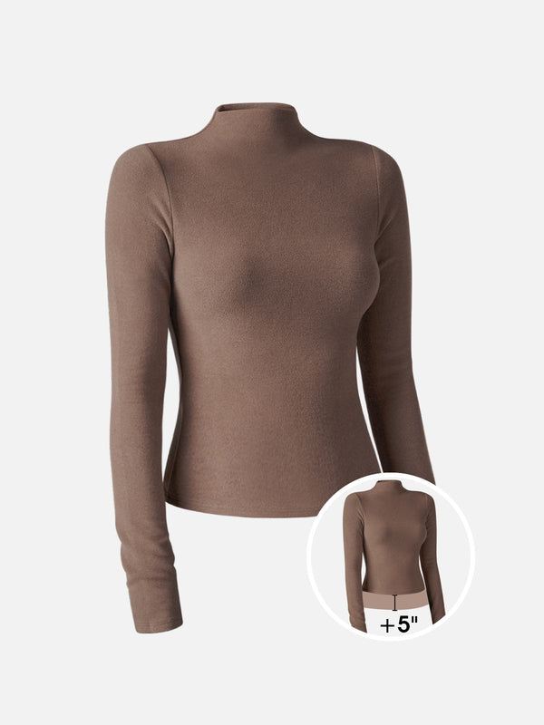 Brushed Mock Neck Top-Hip Length Mocha S